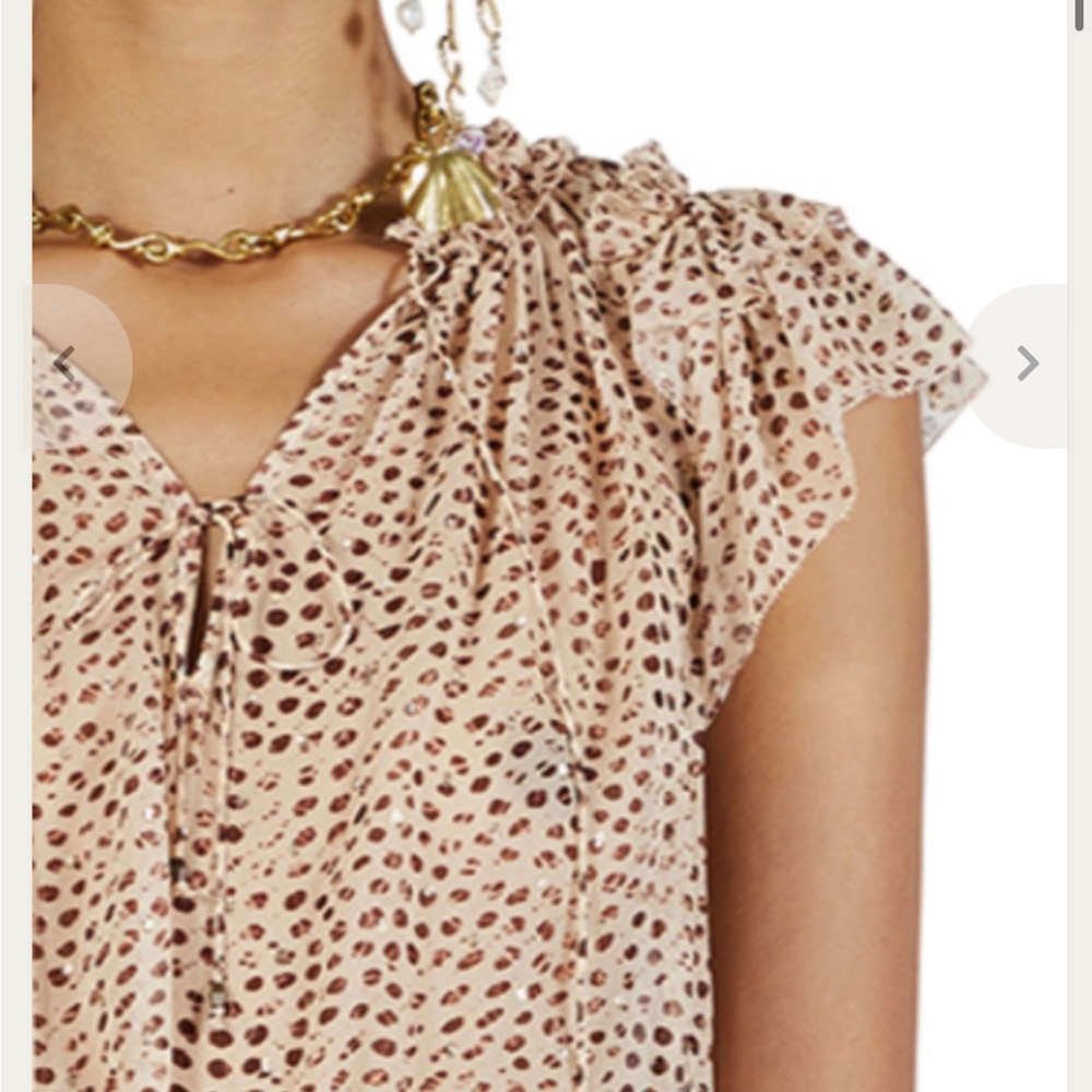 Ulla Johnson Beige Sheer Blouse with Hints of Gold Size 14 - Leopard Ikat Dot